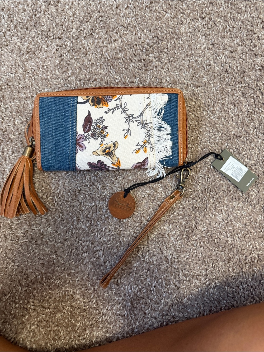 Myra Bag Floral Denim Wristlet Wallet in Blue and Tan